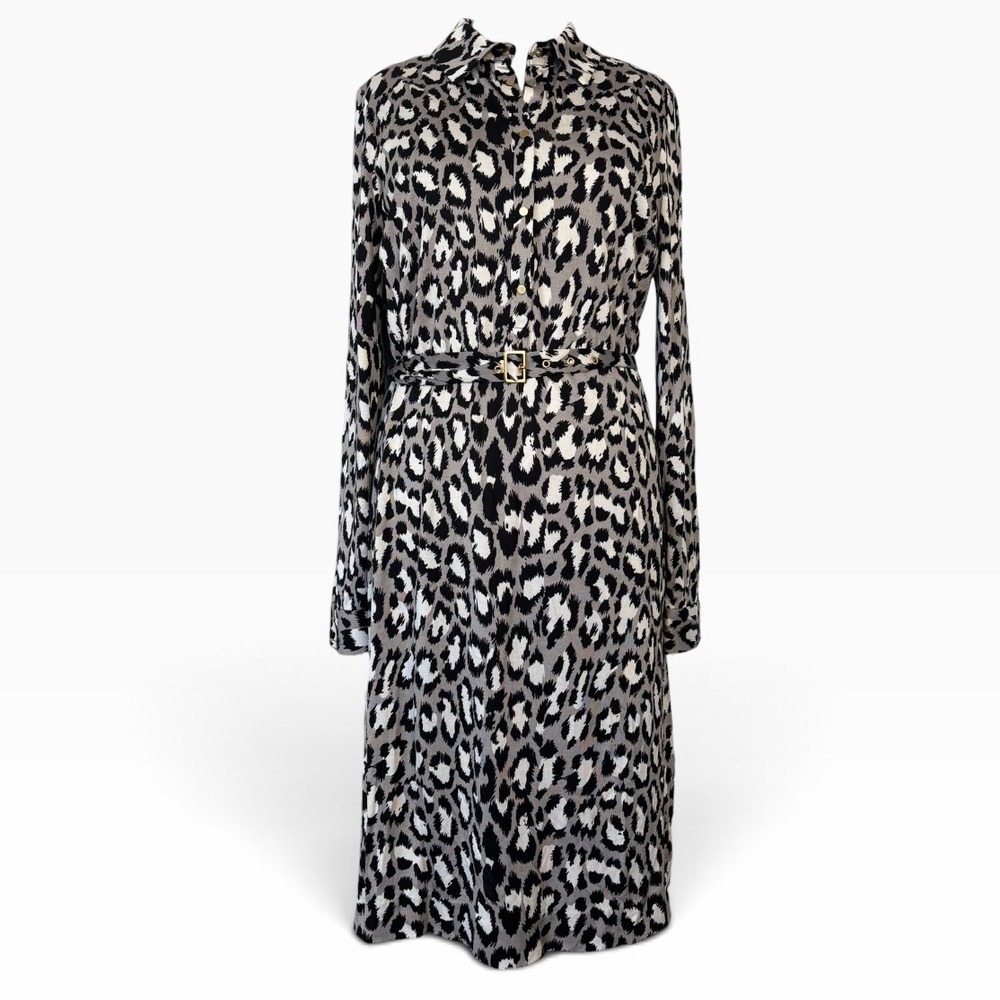 Diane von Furstenberg Marcie Dress Women 10 Gray Spotted Cat NEW Leopard Shirt